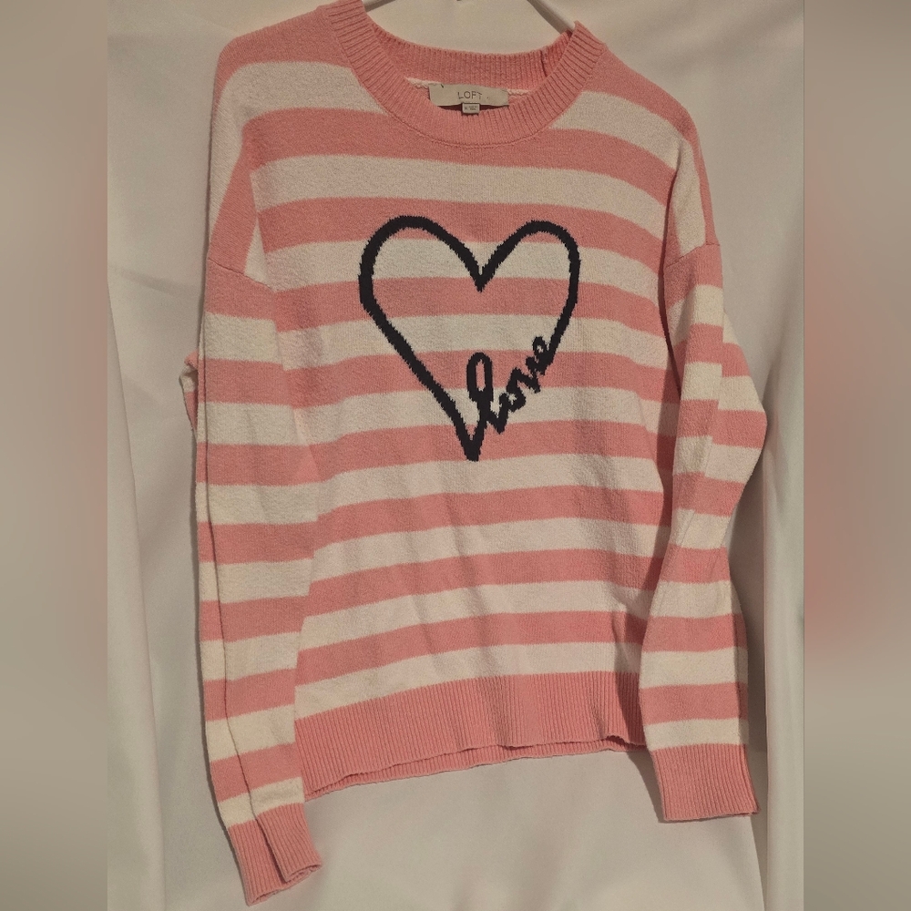 LOFT Pink and White Striped Heart Sweater Perfect For Valentines Day